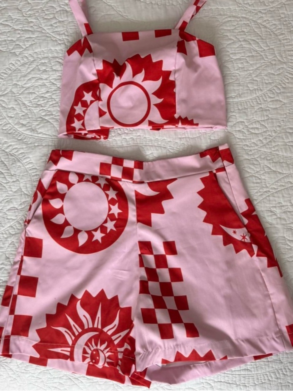 Lutua Pink and Red Printed Crop Top and Shorts Set